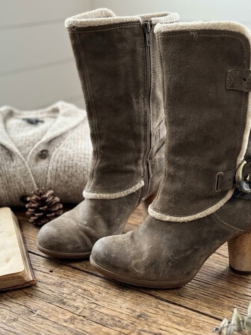 Timberland Taupe Suede Shearling Tall Heel Boots